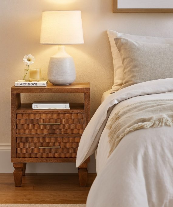 Arno Nachttisch mit geschnitzter Front, Teak Gold
