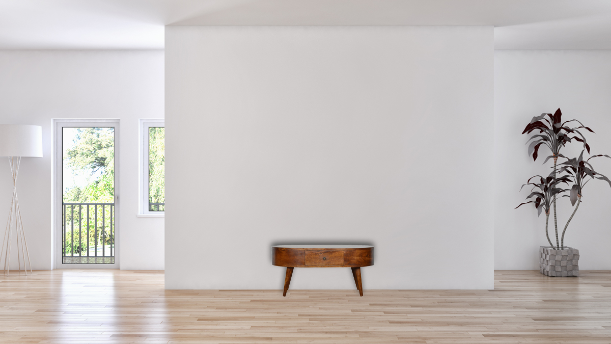 Gerundeter Couchtisch mit zwei Schubladen